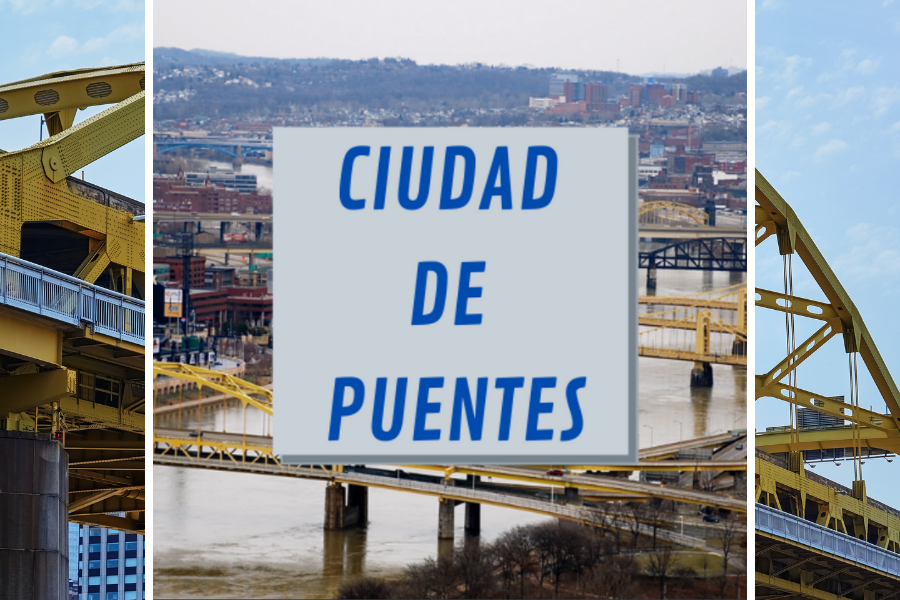 Logo for the podcast Ciudad de Puentes on top of image of Pittsburgh bridge