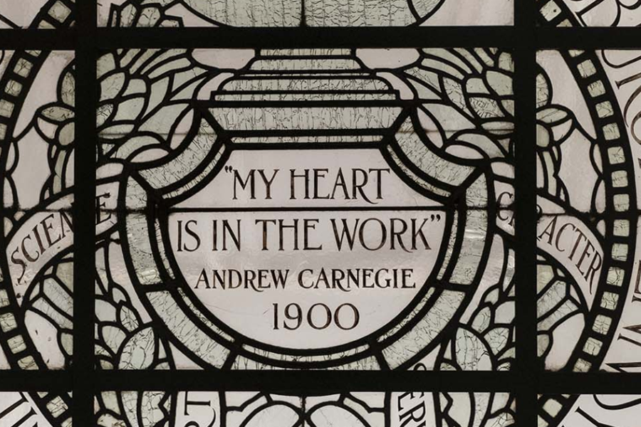 A photo of Carnegie Mellon University which shows a quote displaying, "My heart is in the work."