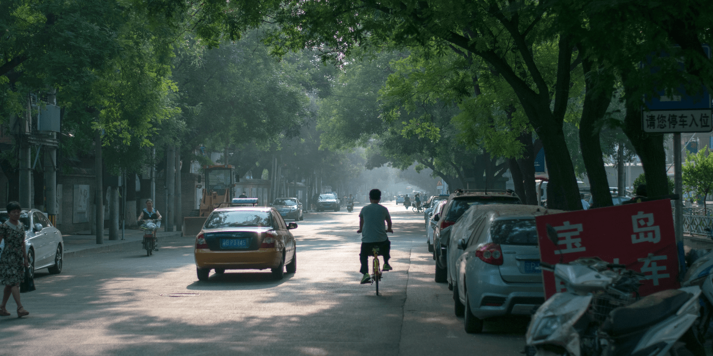 Tree-lined street in China. A taxi drives by and a man is biking.