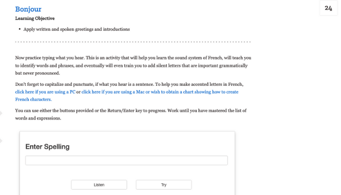 Screenshot of French Listen & Type activity