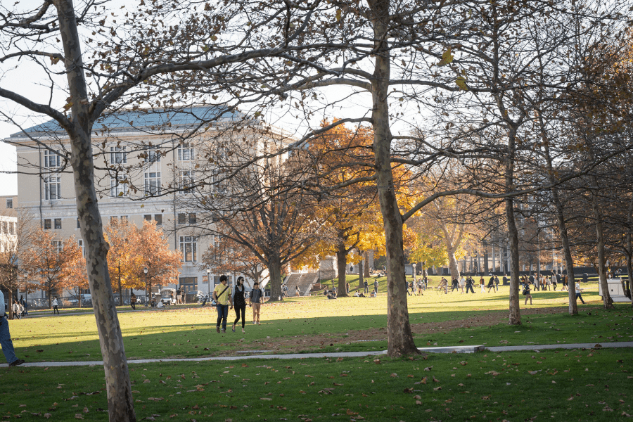 CMU students walk on campus in the fall