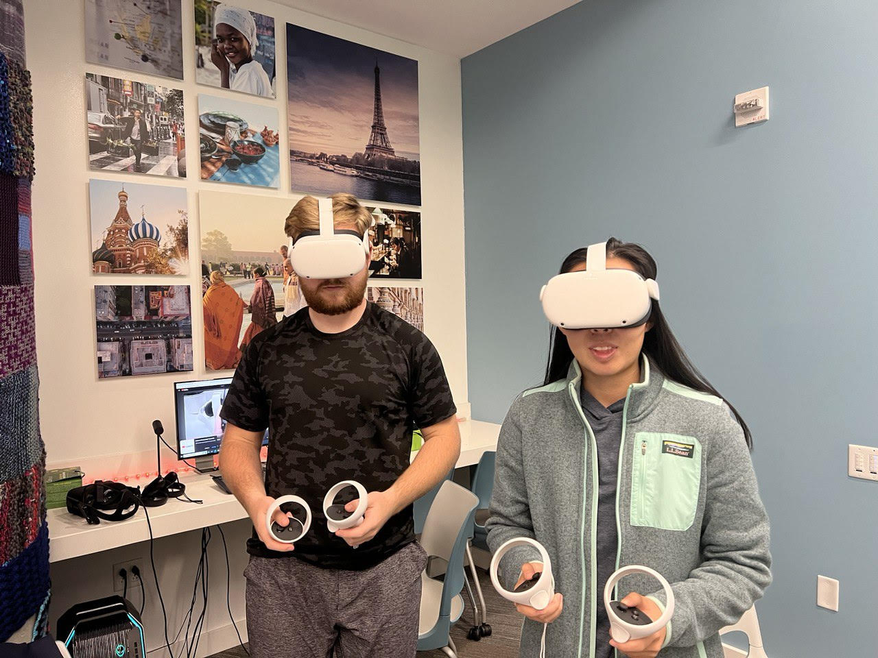 Students in Li’s class use VR devices in the Askwith Kenner Global Languages and Cultures Room to explore virtual representations of nature