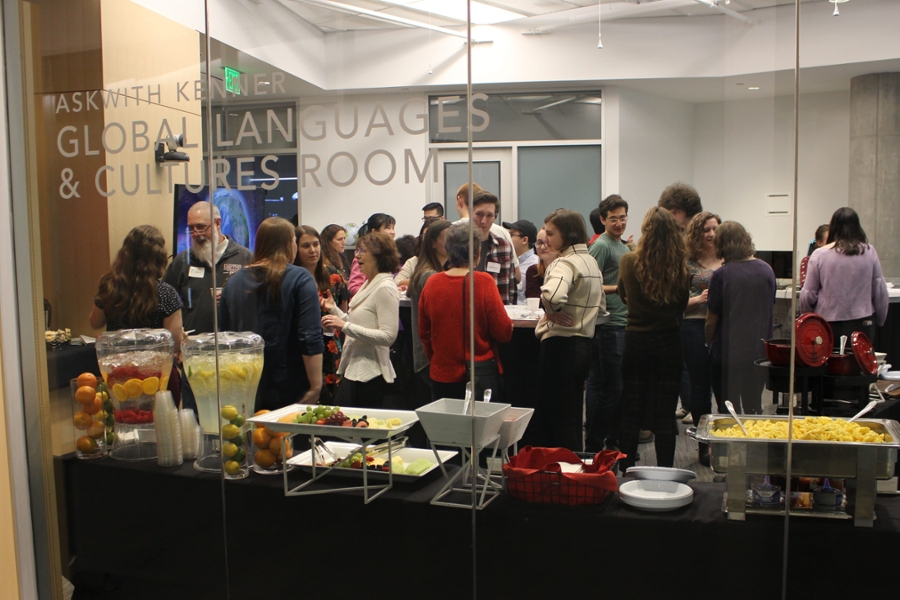 View from the hallway into the Modern Languages' alumni-student brunch.