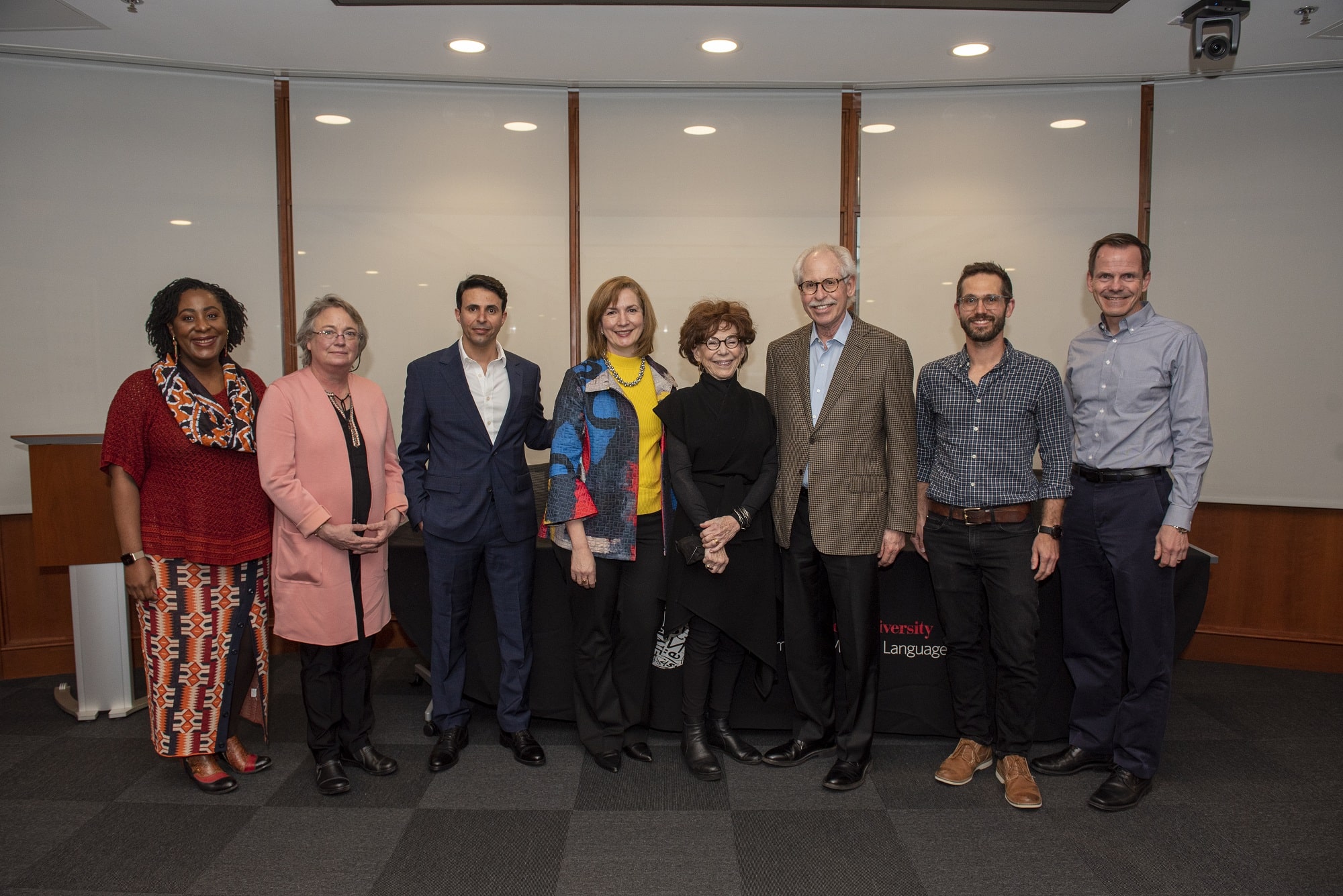 Left to right: Uju Anya, Celeste Kinginger, Khaled Al Masaeed, Anne Lambright, Barbara Freed, Alan Mittelman, Adam van Compernolle, and Dan Dewey