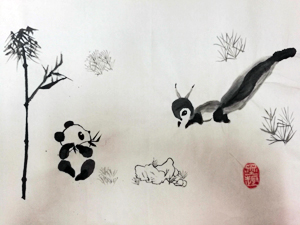 panda, tree and squirrel