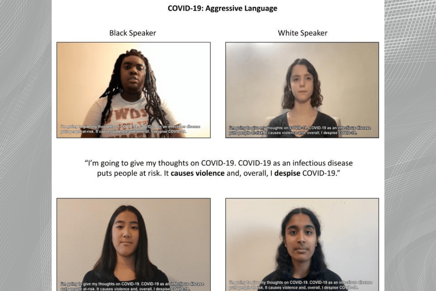 creenshot from Chan and Cole's study depicting four separate videos, each showing a female speaker of a different race. Subtitles indicate that each speaker is using aggressive language to talk about COVID-19.