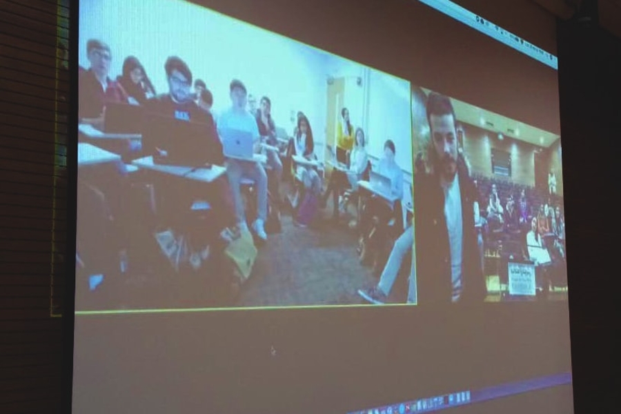 Students from CMU and Al Akhawayn University on dual screens during a virtual session