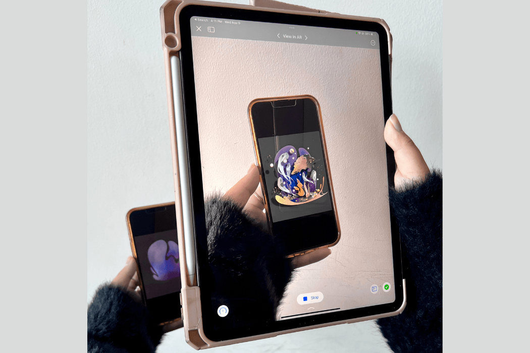 View of an AR illustration as seen through an iPad camera