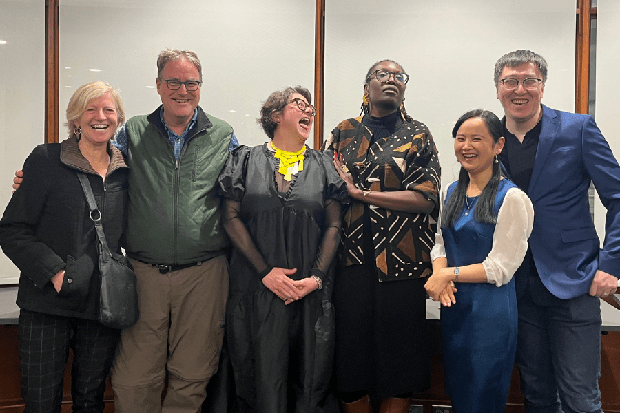Donna Harsch, Stephen Brockmann, Candace Skibba, Mame-Fatou Niang, Haixia Wang, and Gang Liu pose for a picture