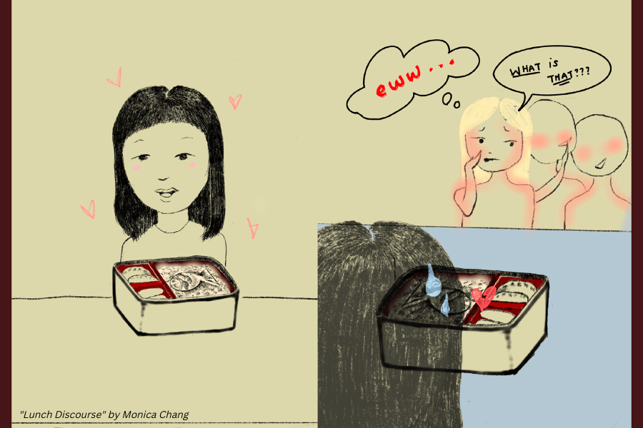 Artwork by Monica Chang, entitled Lunch Discourse. A drawing of a girl of Asian descent enjoying a bento box. To the side, a group of girls whisper to each other saying "eww..." and "what is that???"