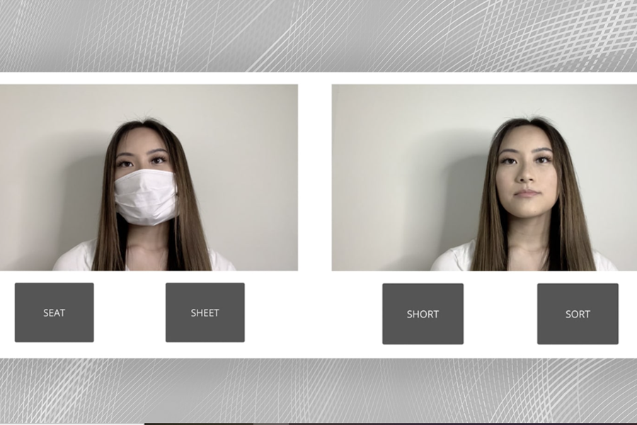 A picture of a student wearing a mask on the left side, and unmasked on the right side. Words are displayed at the bottom as part of a research test.