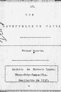 Figure from Kenya Dworkin's research: Scanned frontispiece of “LOS ESPEJUELOS DE MACHADO,” a one-act comedy by A.H. Ramos & Bolito