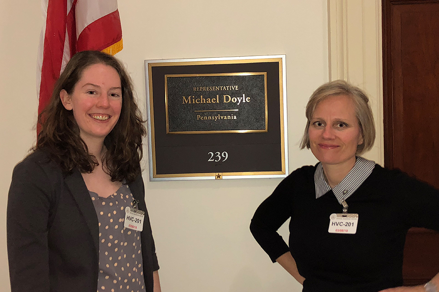 Pictured are Casey Roark and Alison Barth, professor of biological sciences, outside of Rep. Mike Doyle’s office.