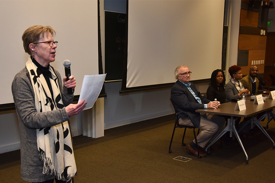 English Professor Barbara Johnstone (far left) introduces the panel following the screening of “Talking Black in America.”