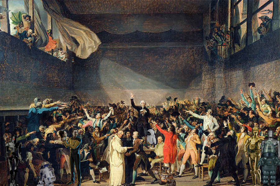 An adaptation of "Drawing of the Tennis Court Oath," by Jacques-Louis David, that incorporates 11 robots. Credit: Association of Cybernetic Historians