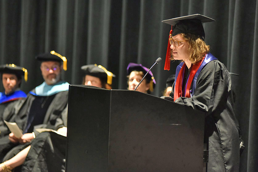 Mikaela Wolf-Sorokin delivers a commencement speech.