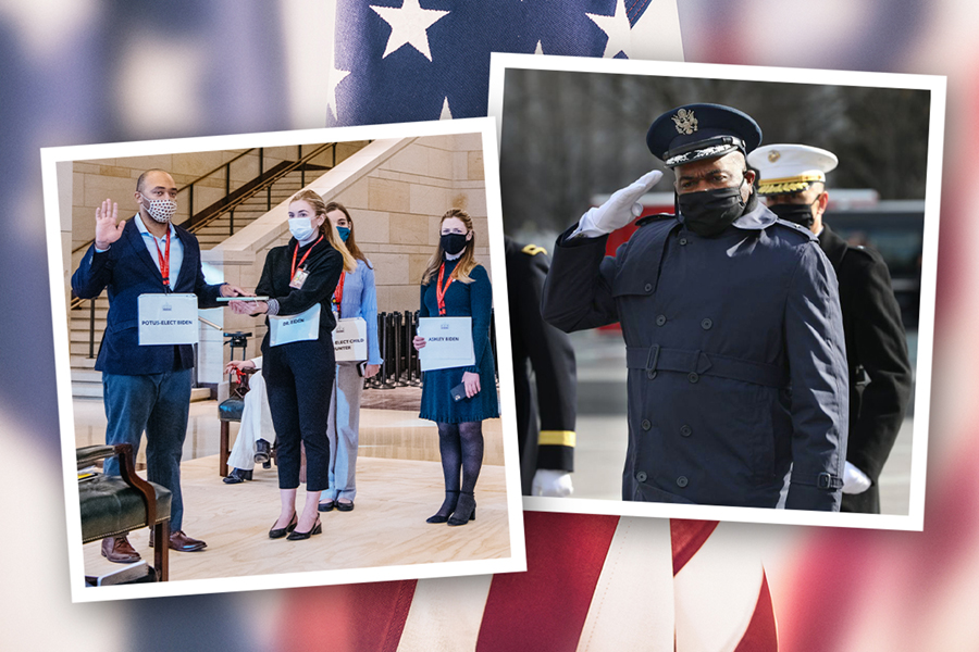 Photos of the alumni with the American flag in the background