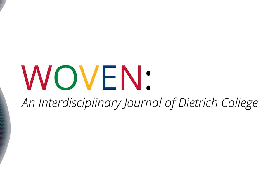 A tartan background with the words "WOVEN: An Interdisciplinary Journal of Dietrich College" in black letters on a white background.