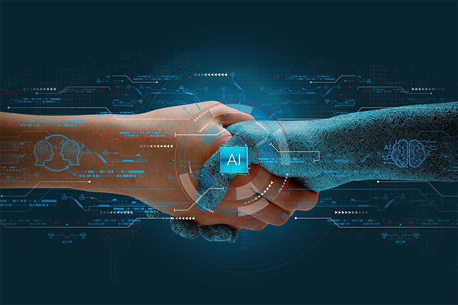 A handshake between human and digital humanoid hands