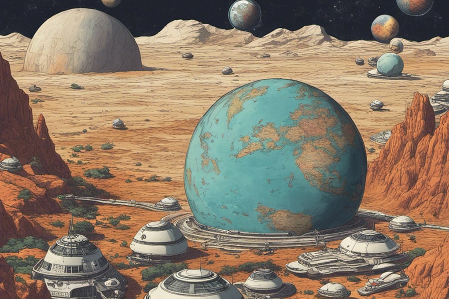 Newman used AI to create this image of Earth embedded in the surface of another planet, buildings and roads surrounding it, with space and other planets in the background.