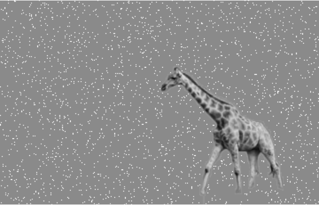 An outline of a giraffe against a field of small white dots.