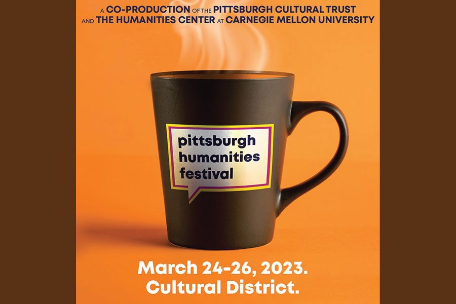 A steaming coffee cup printed with the words "Pittsburgh Humanities Festival"