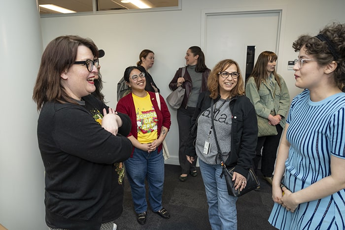 A.B. Fominaya talking with attendees of the unveiling