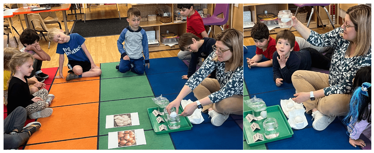 kindergarten students experimenting with sinking eggs