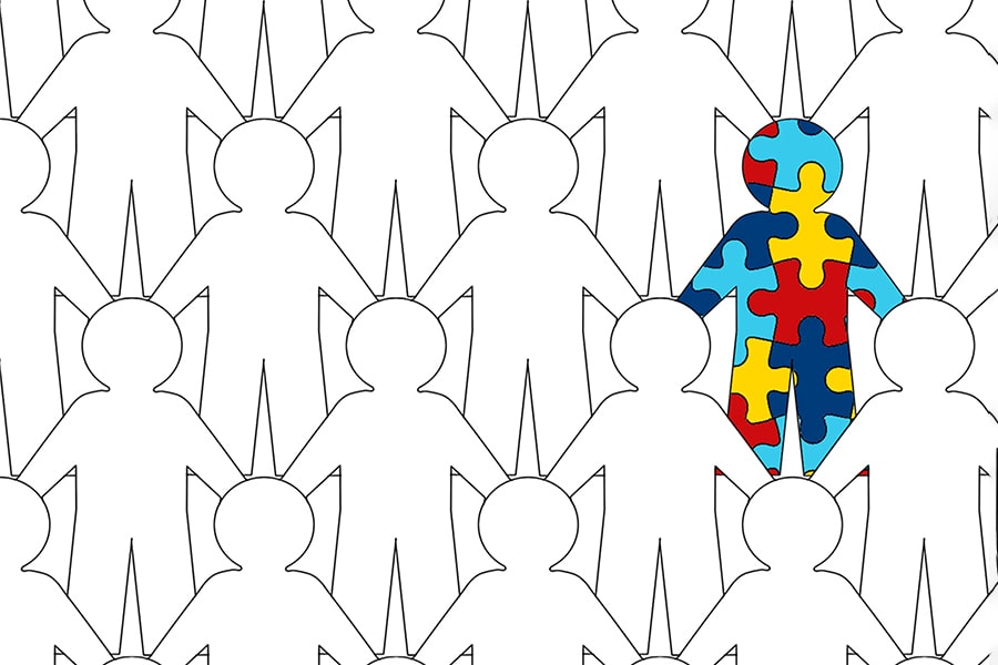 A drawing with generic figures of people in black and white and one person made of rainbow colored puzzle pieces