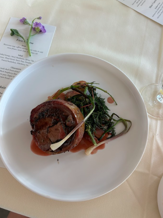 plate of lamb with greens and mushrooms