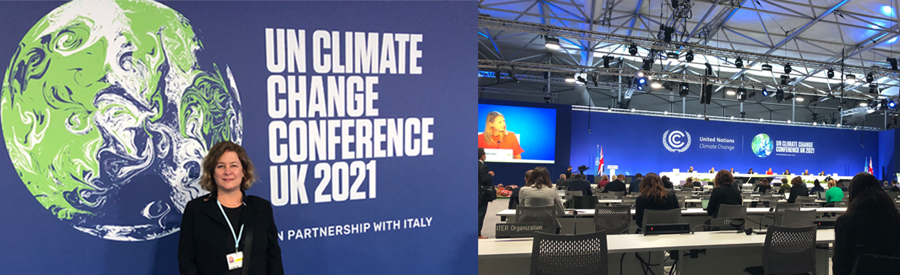 Siefken in front of COP26 sign, Wide angle of conference room