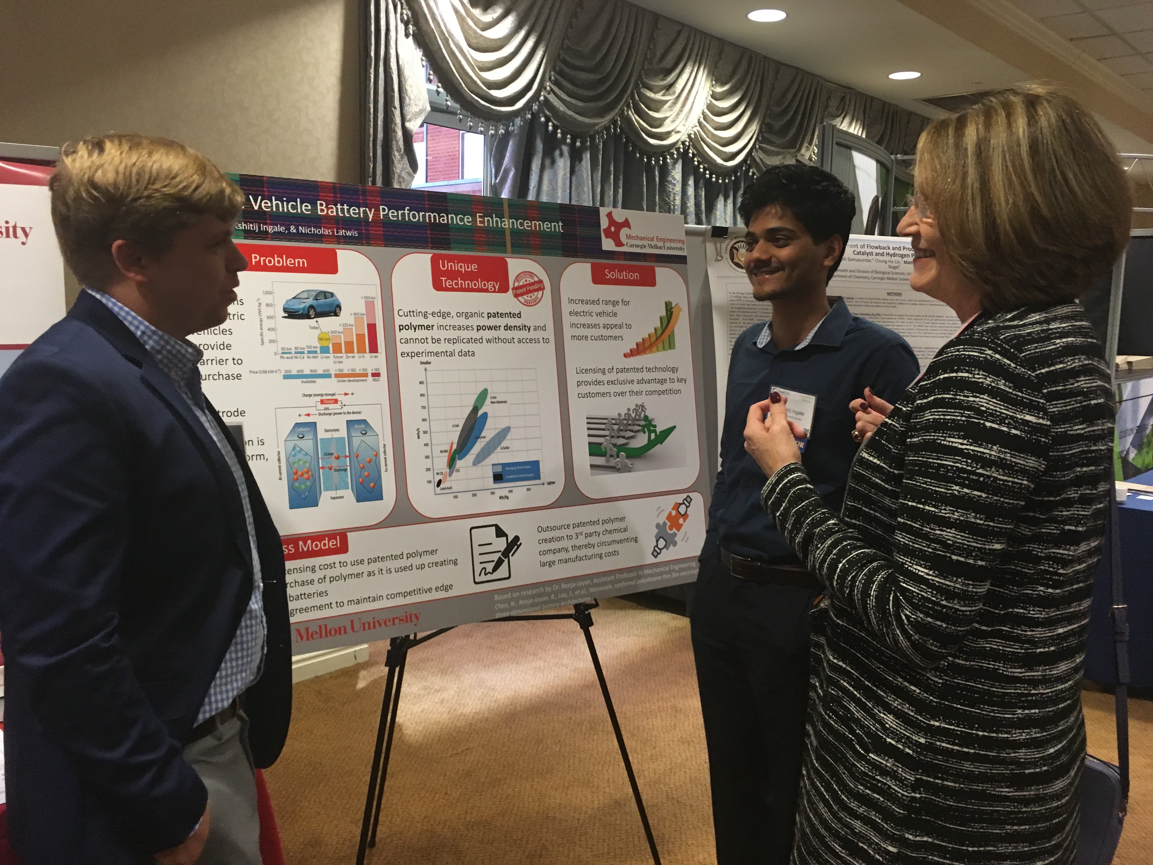 Four CMU student teams presented technology innovation posters developed in an “Energy Innovation and Entrepreneurship” course taught by CMU Engineering and Public Policy Professor and Scott Institute for Energy Innovation Associate Director for Policy Outreach Dr. Deborah Stine.