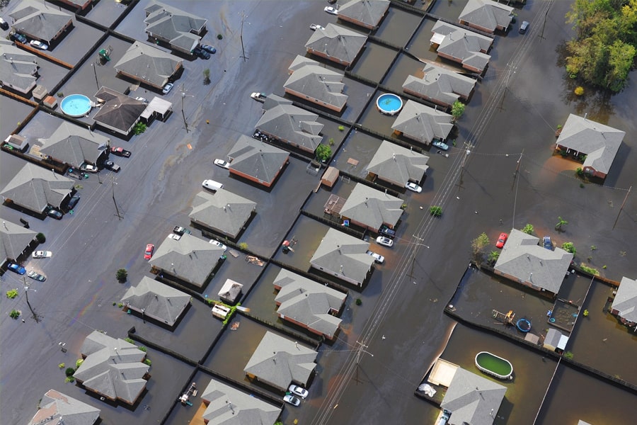 A major flood submerges a neighborhood underwater. 