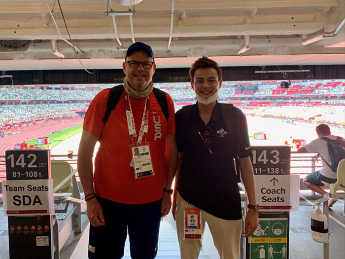 Noah Halloran with Gary Aldrich, CMU’s track coach who was selected by USA Track & Field to coach athletes at the Summer Games