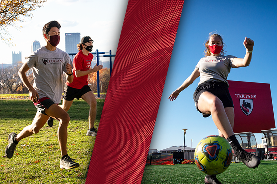 Photos of students running and playing soccer