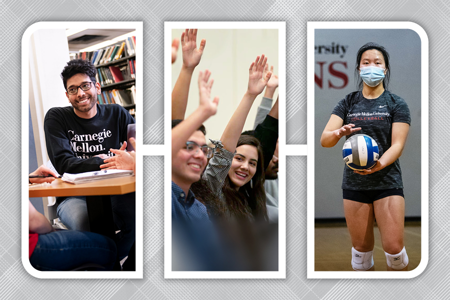 collage of students in a meeting, participating in class and playing sports