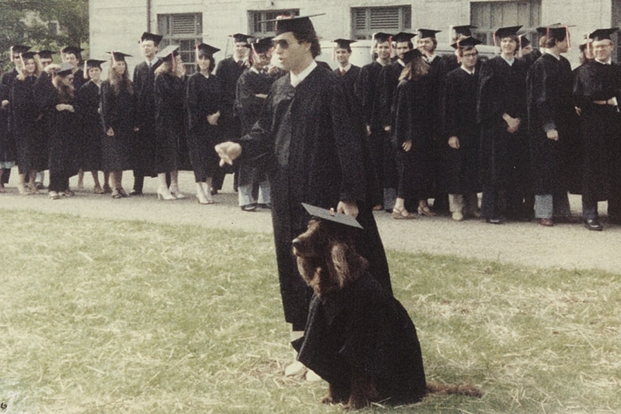 Stuart Suna's Irish Setter Tai Chi accompanied him to every class and participated in commencement in full regalia.