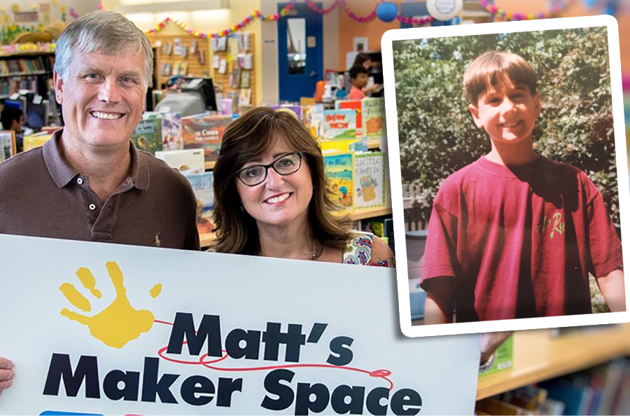 Photo of  Noelle and David Conover holding sign for Matt's Maker Space