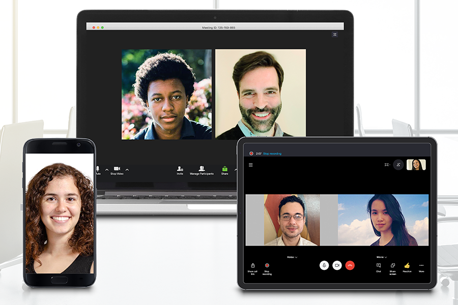 Collage of video calls on laptops
