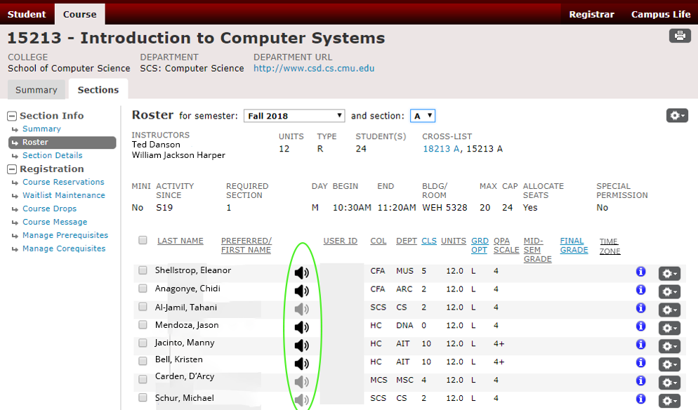 Screenshot of student names and recording icons in S3 Course Roster