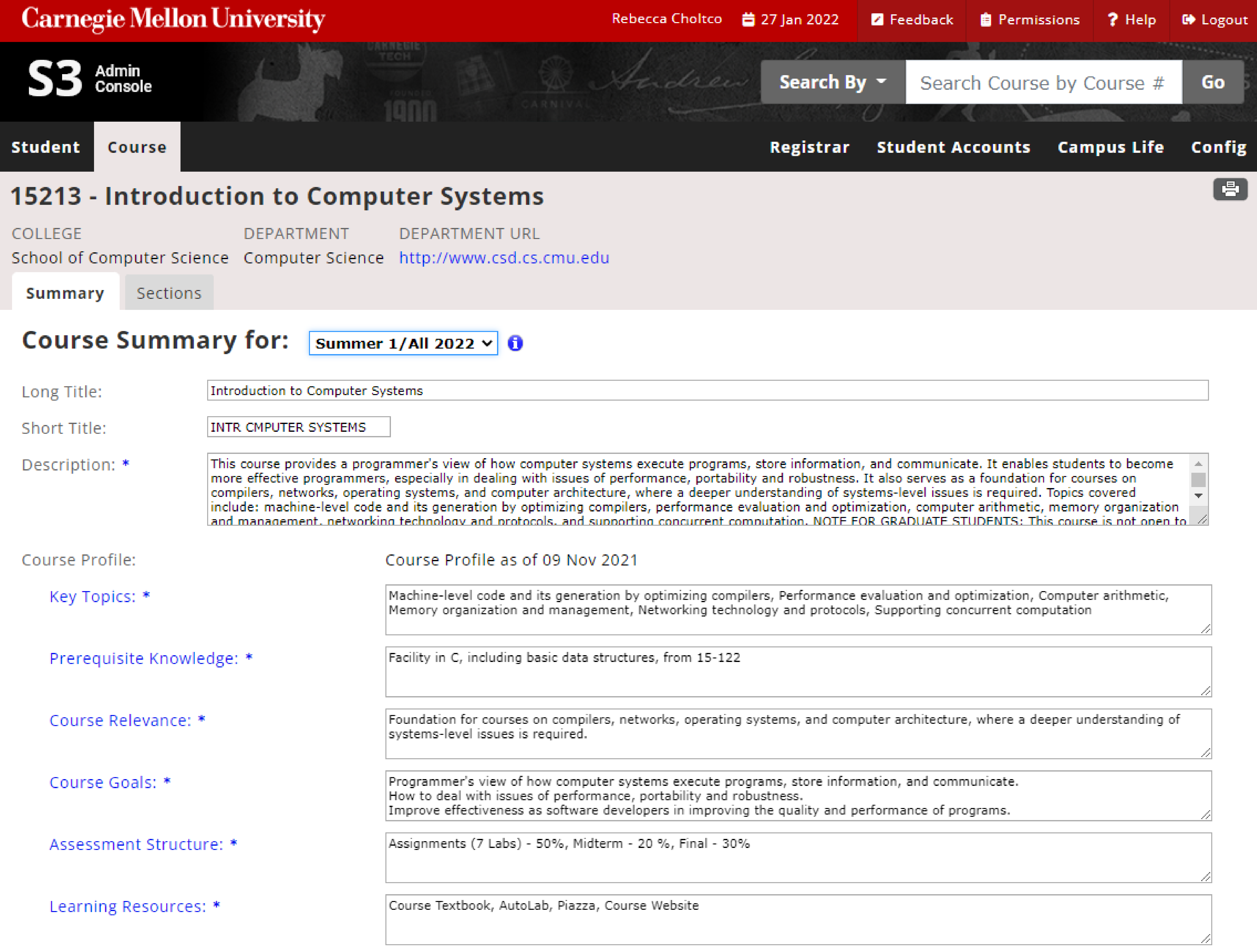 S3 admin platform course page, showing the increased font size and the wider screen view that appears across the platform
