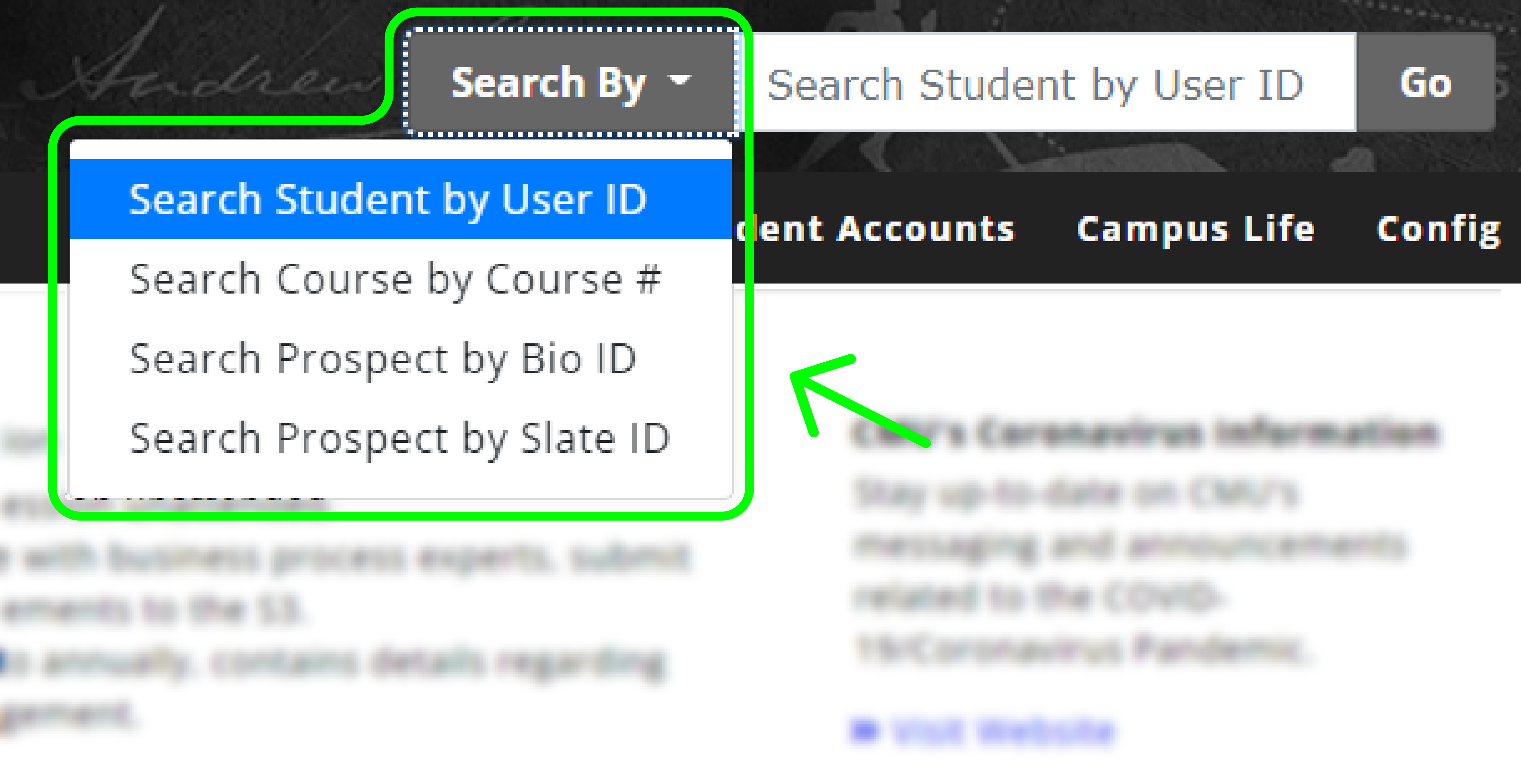 S3 admin platform homepage close up of the Quick Search bar's drop down menu highlighted by a green outline and arrow pointing to it