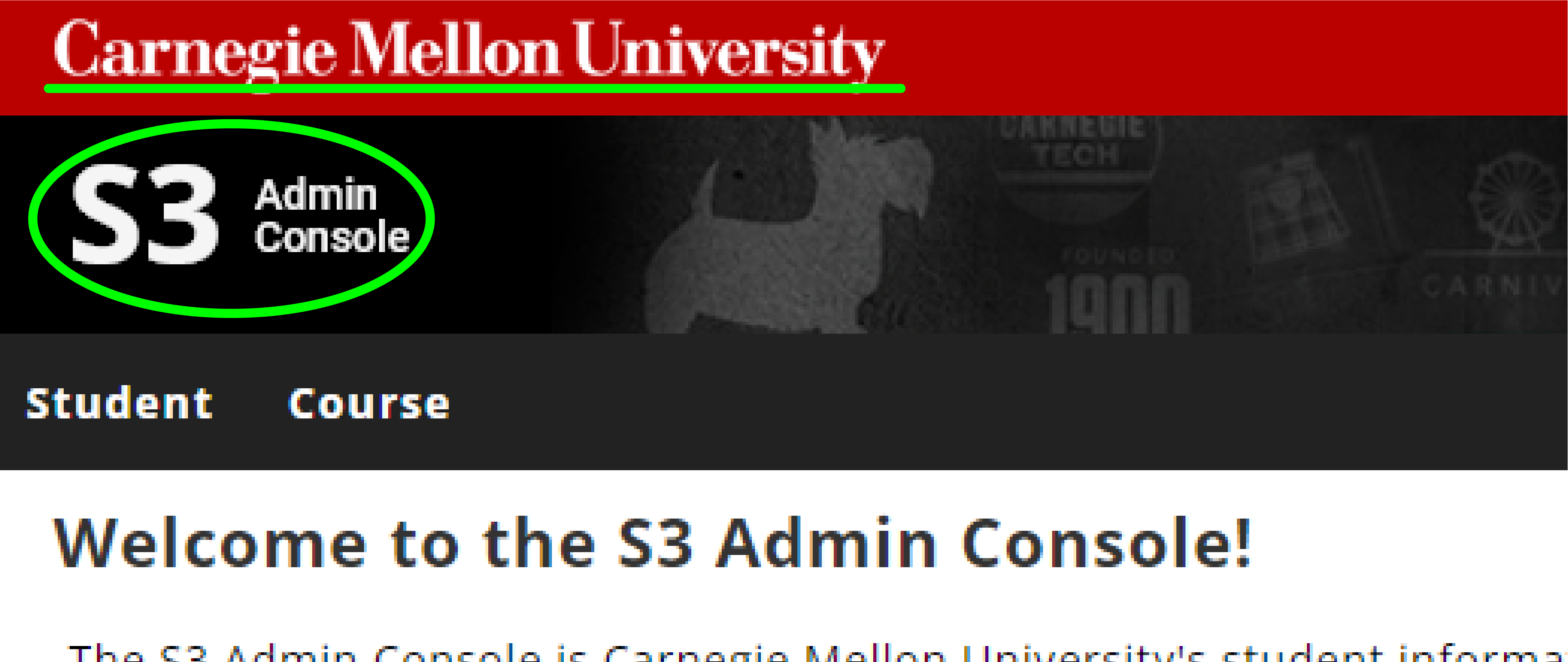 S3 admin consult homepage showing an update to upper left hand links to the Carnegie Mellon homepage highlighted by a green underline, and the S3 homepage highlighted by a green circle