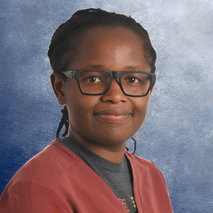 Woman with red shirt and glasses