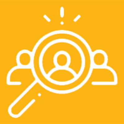 icon reading Employee Recruitment Development and Engagement with a graphic of three people and a magnifying glass