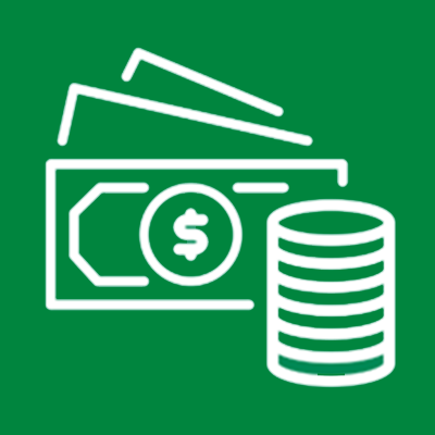 icon with text reading Financial Sustainability and Reporting with graphic of three dollar bills and a stack of coins