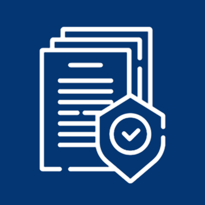 icon showing stack of papers with a shield and a check mark
