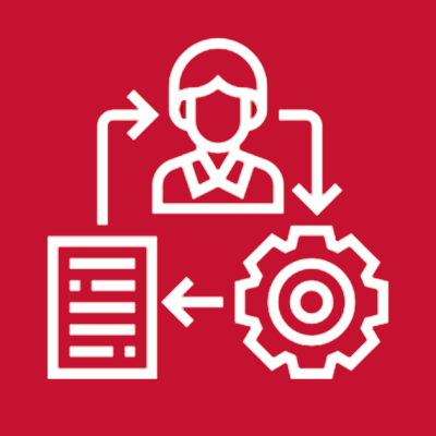 icon showing loop of a person, a gear, and a document