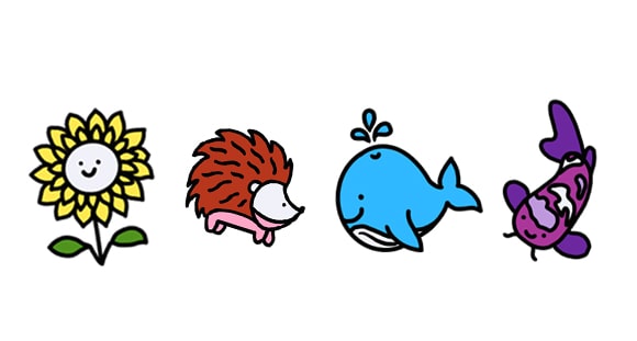 Sunflower, hedgehog, whale and koi fish line up