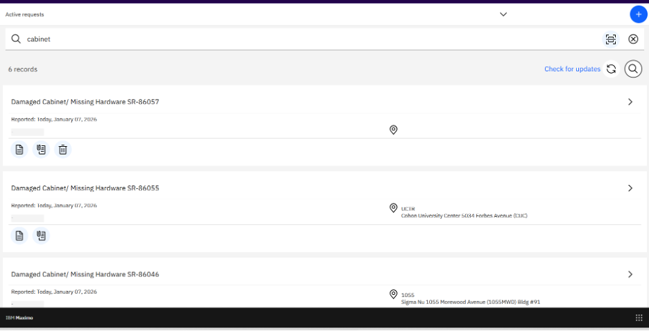 screenshot of page showing list of existing requests